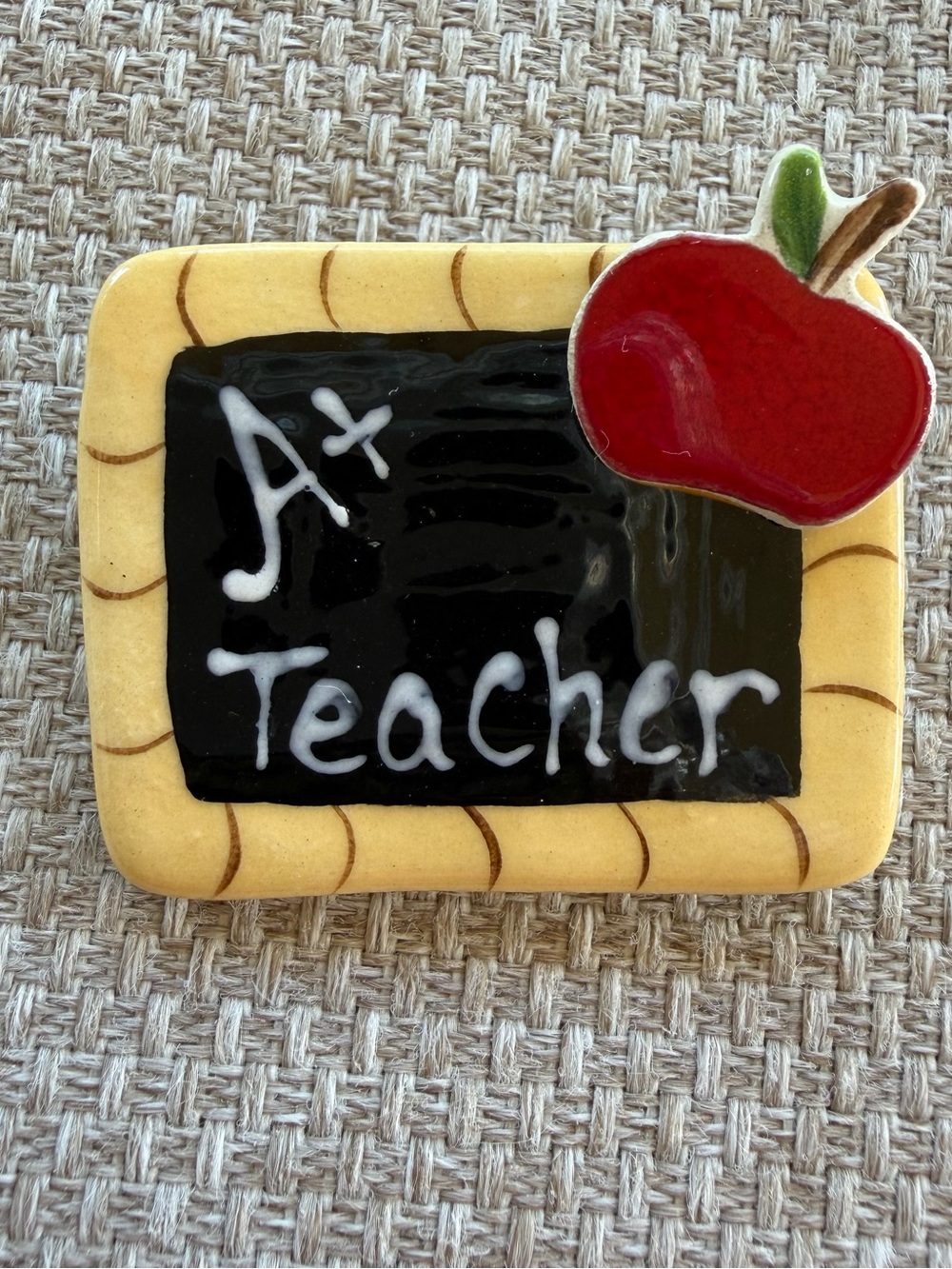 A+ Teacher Chalkboard Pin with Red Apple